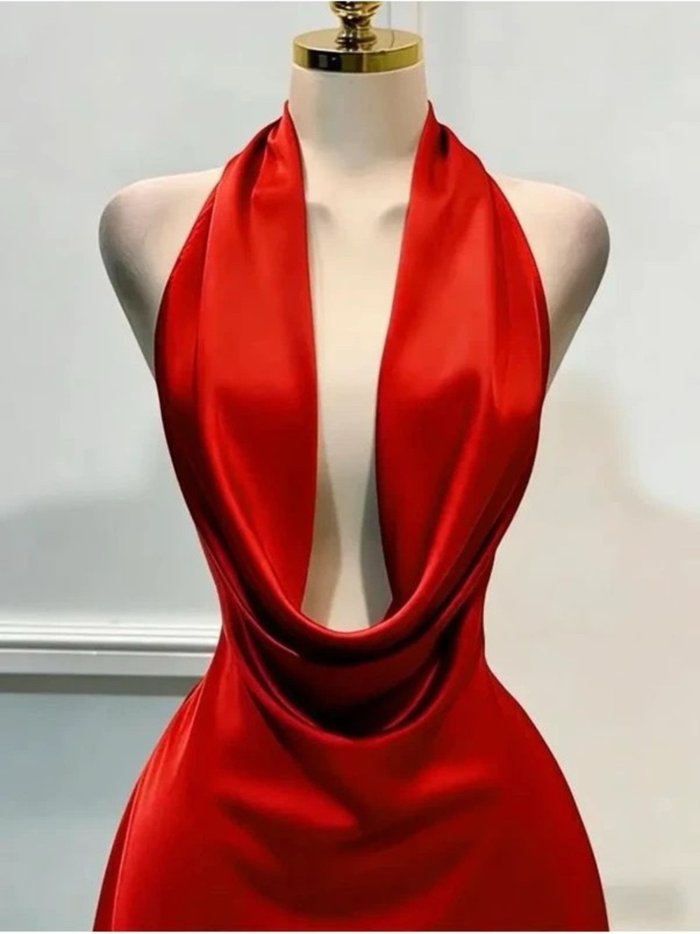 Elegant Red Satin Halter Maxi Dress with Drape Neck